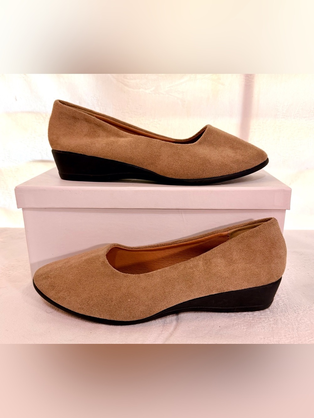 NWOT Love Beige Suede Low Wedge Flats S0047